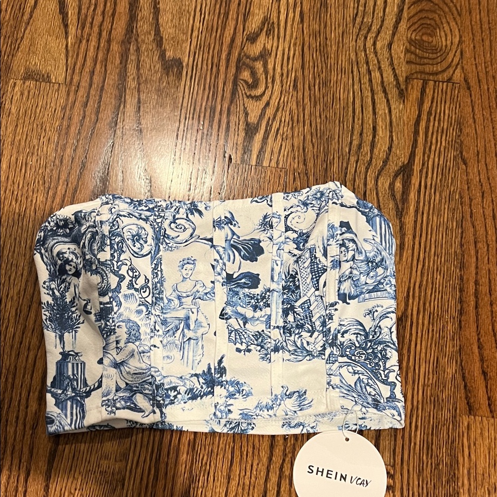 SHEIN Blue and Cream Patterned Strapless Top